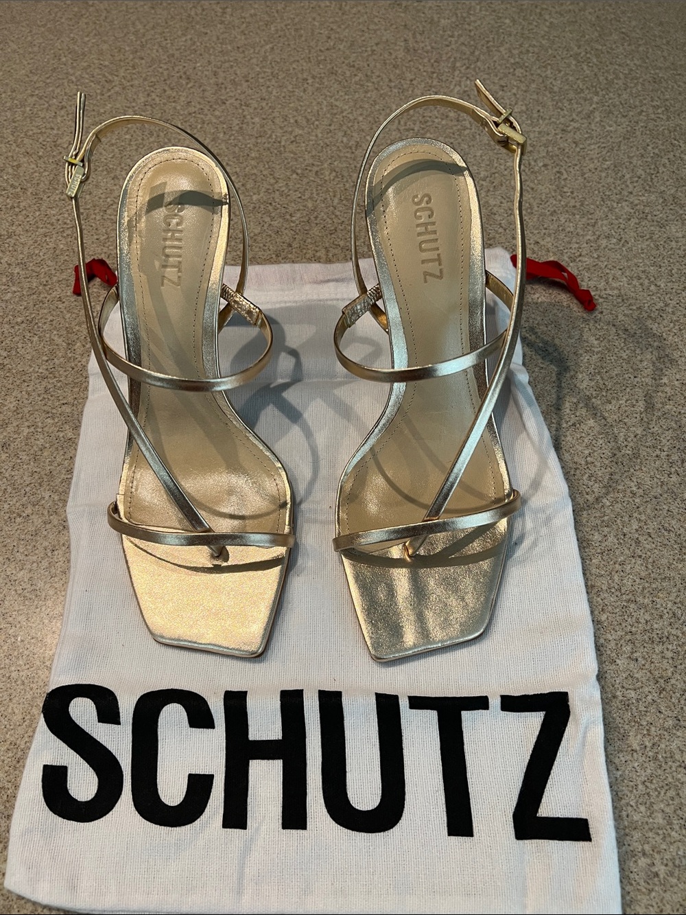 ❤️SCHUTZ PLATINA Gold Metallic Strappy Square-Toe Stiletto Heels - Picture 1 of 10